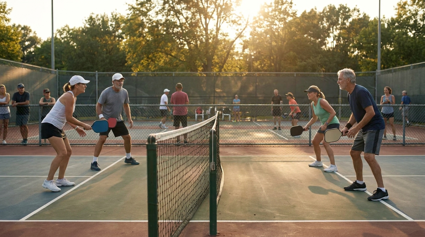 A live pickleball match in the club's app with the real-time score overlay