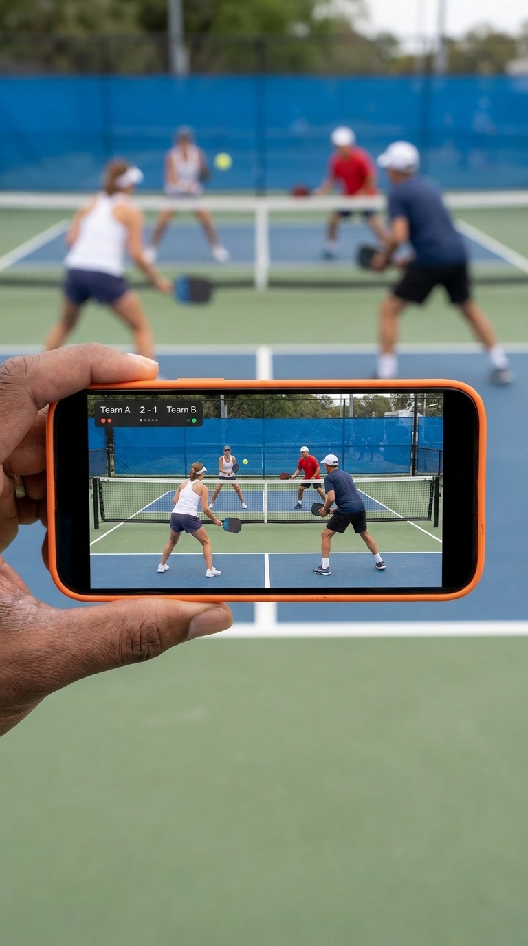 Streaming a pickleball match courtside from one phone
