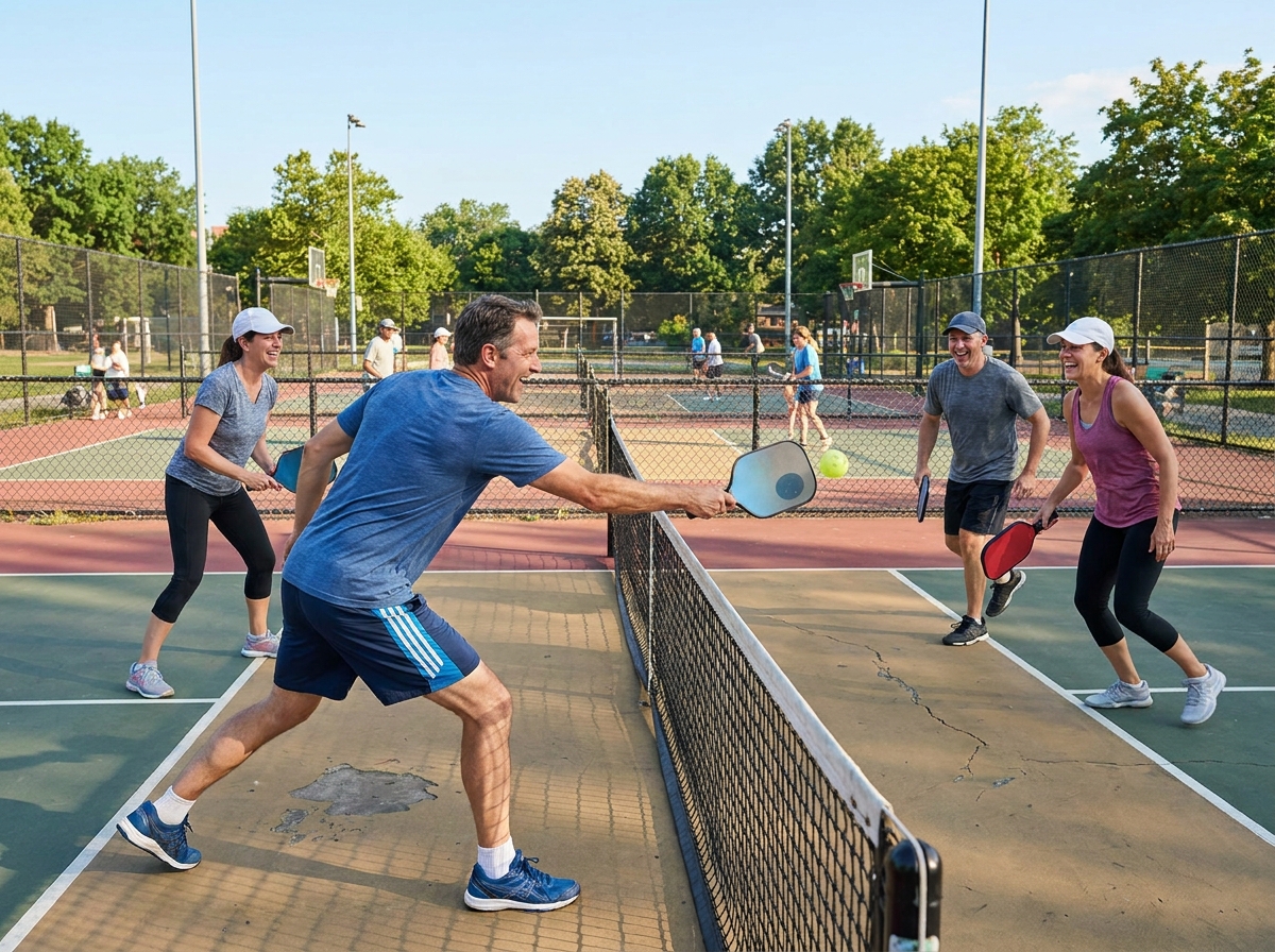 Adults playing a doubles pickleball match on a community court