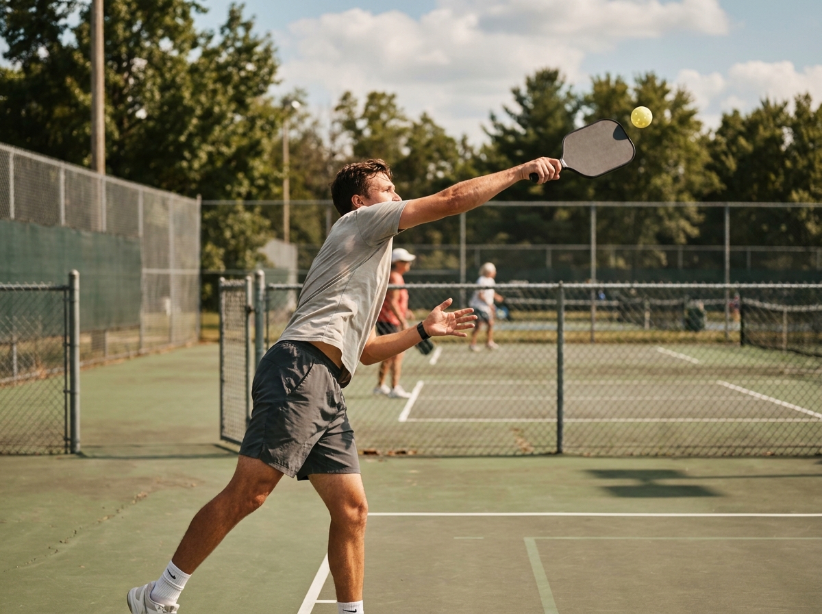 A pickleball player serving during a club match
